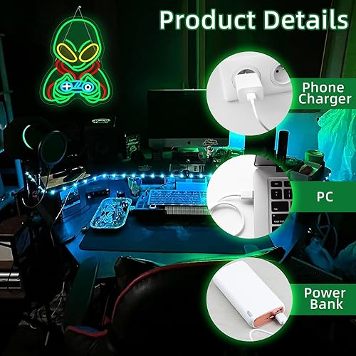 Miniatura 7 de Lucunstar Letrero LED de neón de Alien Gamer para decoración de pared, sala de juegos, dormitorio, bar, pub, cueva, decoración de habitación de