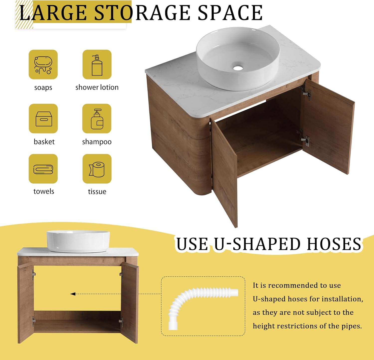 30 Inch Wall-Mounted Bathroom Vanity with Sink Set Modern Floating Bathroom Vanitites with Round Ceramic Vessel Sink 30" Bathroom Sink Cabinet with Marble Counter Top & Soft Closing Door