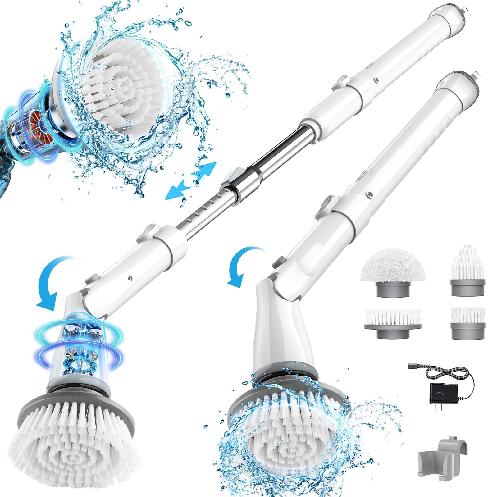 Electric Spin Scrubber, Shower Scrubber Cordless with 4 Replacement Head, 1.5H Electric Scrubber for Cleaning with Long Handle for Bathroom, Grout, Tub, Tile, Floor (White)