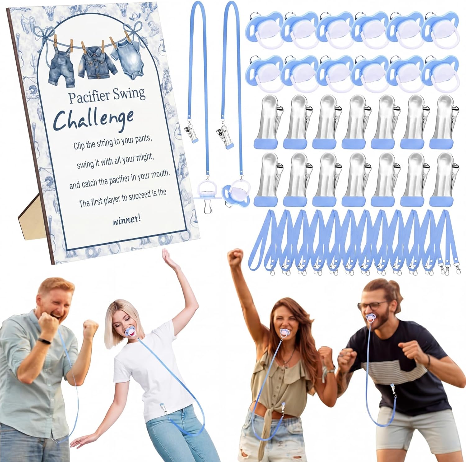 Geelin 12 Sets Swing Pacifier Baby Shower Games Funny Gender Reveal Games, Include 1 Wooden Sign and 12 Plastic Pacifiers for Bridal Baby Shower Gender Reveal Party Women Men(Bear,Brown)