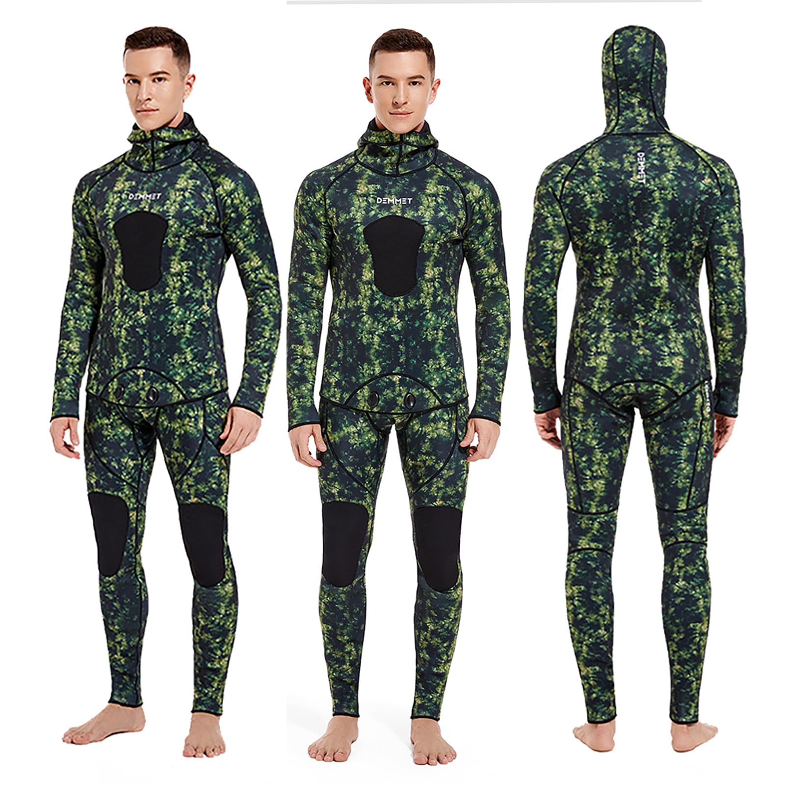 DEMMET Neoprene Open Cell Wetsuit 3MM Hunting Fish Wetsuits Men Camouflage Hooded 2 Pieces Long Sleeve CR Diving Suit Spearfishing Submersible Suit Keep Warm Snorkeling Surfing (Green, Small)