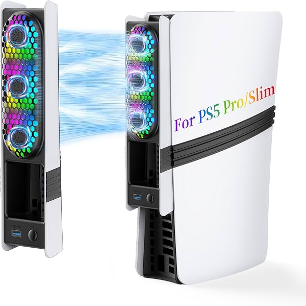 Ventilador de enfriamiento RGB para PS5 Slim/Pro, sistema de enfriamiento automático para PS5 Pro/Slim, ventilador silencioso con 3 ventiladores/3 velocidades/puerto USB 3.0 compatible con PlayStation 5 Slim/Pro ediciones digital y de disco