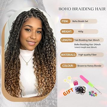 Boho Braiding Hair Pre Stretched - Deep Wave Curly Prestretched Braiding Hair Extensions for Boho Braids(Brown to Honey Blonde)
