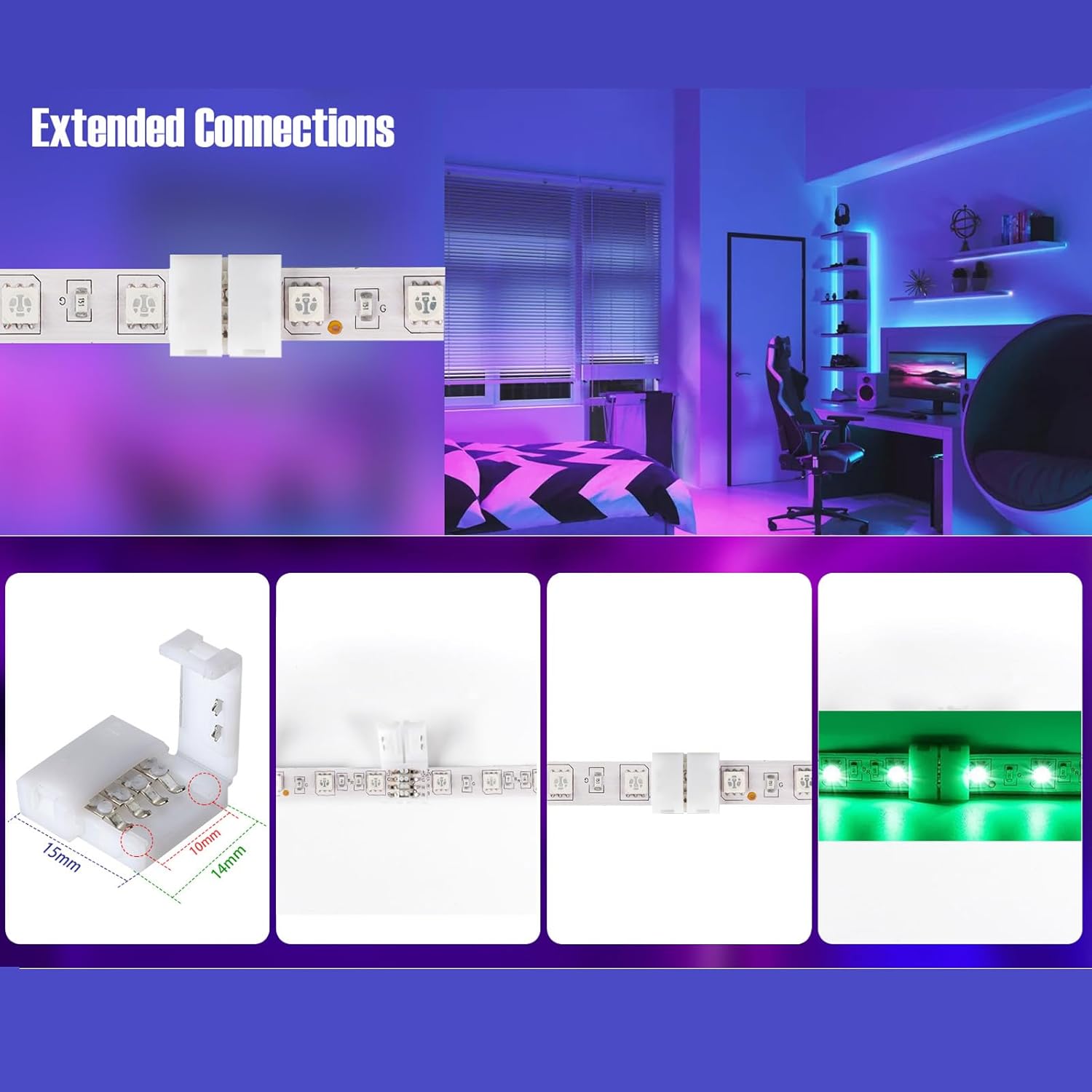 53pcs LED Strip Connector 4 Pin 8mm 3528 2835 RGB Rope Light Connector Kit, LED Strip Extension,2-in-1 Distributor,Gapless Solderless, L Shape PCB,Jumper Connectors for Controller