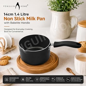Penguin Home Non Stick Milk Pan 14cm 1.4L Saucepan with Pouring Lips, Easy Clean Nonstick Cooking Pot, Ideal for Milk, Sauces & Heating, Bakelite Handle, Gas & Electric Compatible