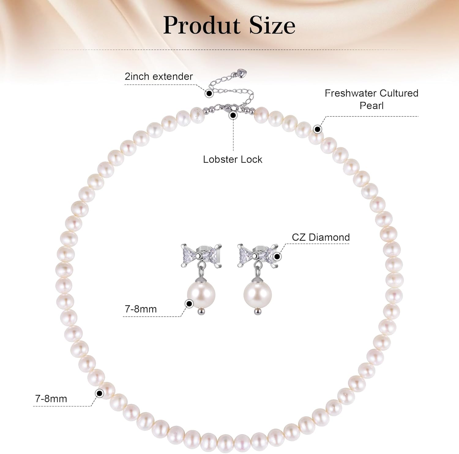 Freshwater Cultured Pearl Necklace Set Includes Cute Bow Pearl Earrings Jewelry for Women