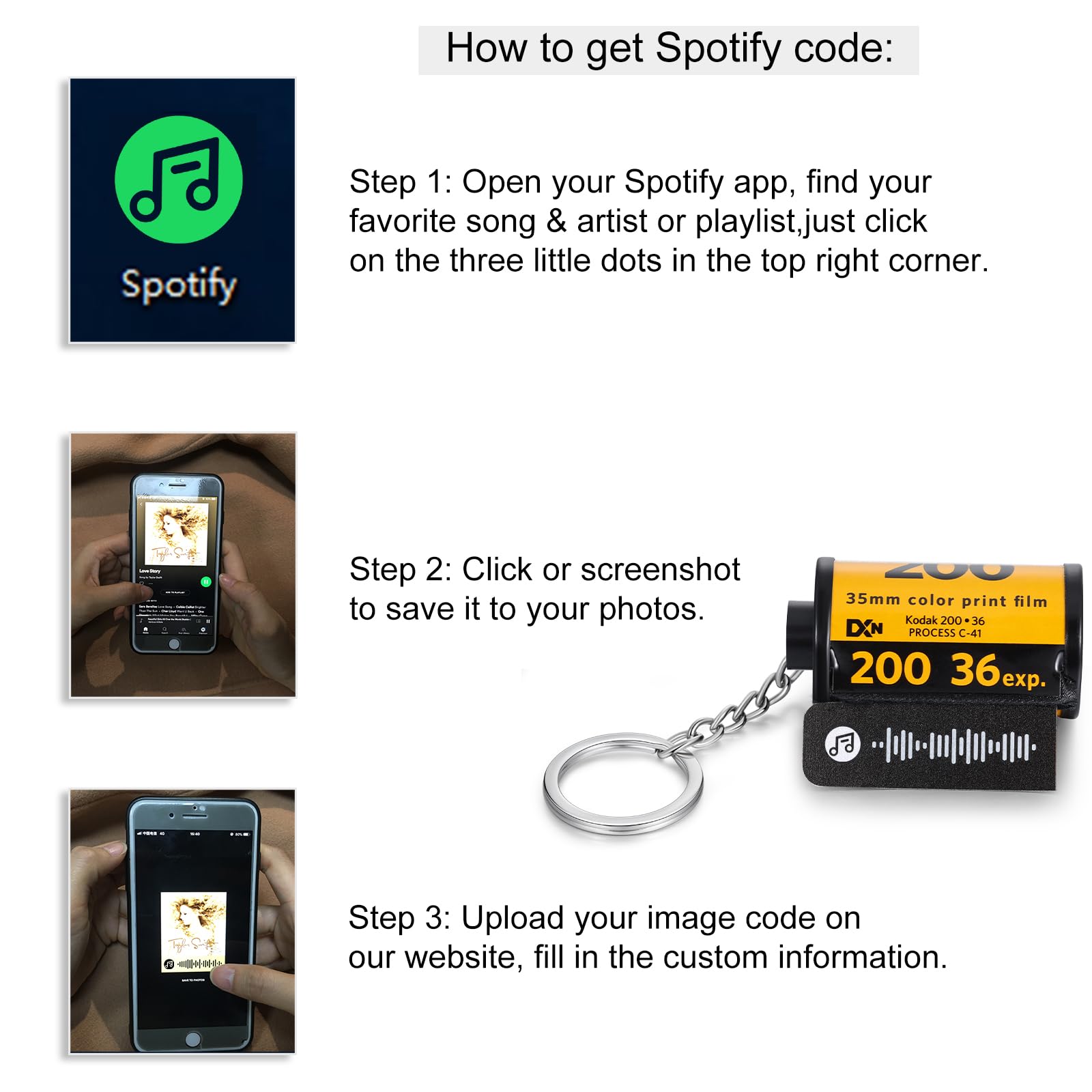Jewelstruck Llavero personalizado con rollo de película fotográfica, llavero de cámara de fotos personalizado, regalos para novio, pareja, mejor amiga, 15 Fotos+código spotify, 47*25mm