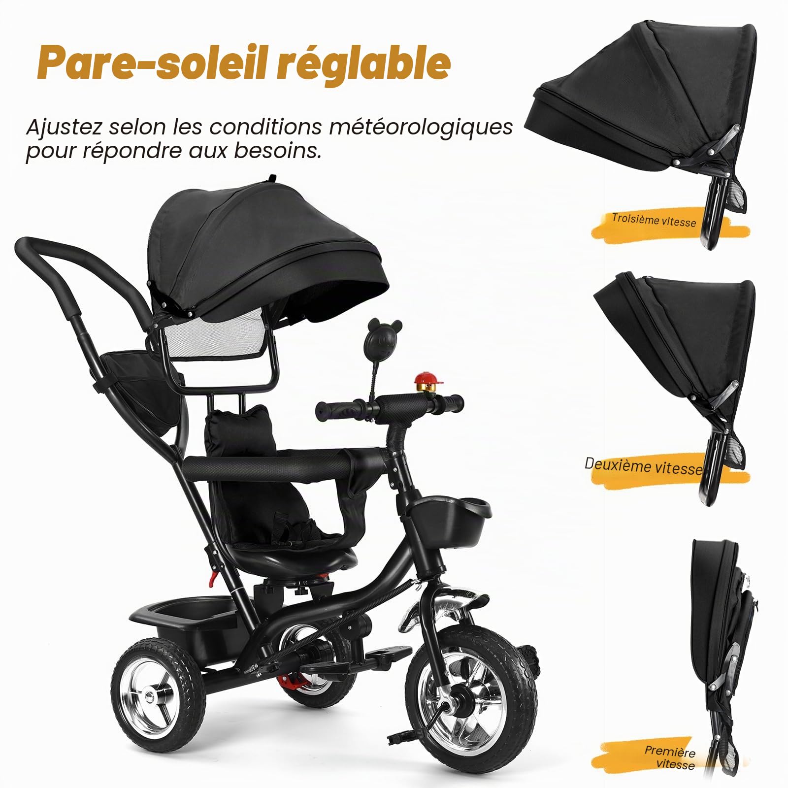 Tricycle Évolutif Bébé 4 en 1 – Poussette Canne Compacte et Multifonction, Position Allongée, Guidon Réglable, Pliable, Roues Anti-Crevaison, Jusqu’à 22 kg（Noir）