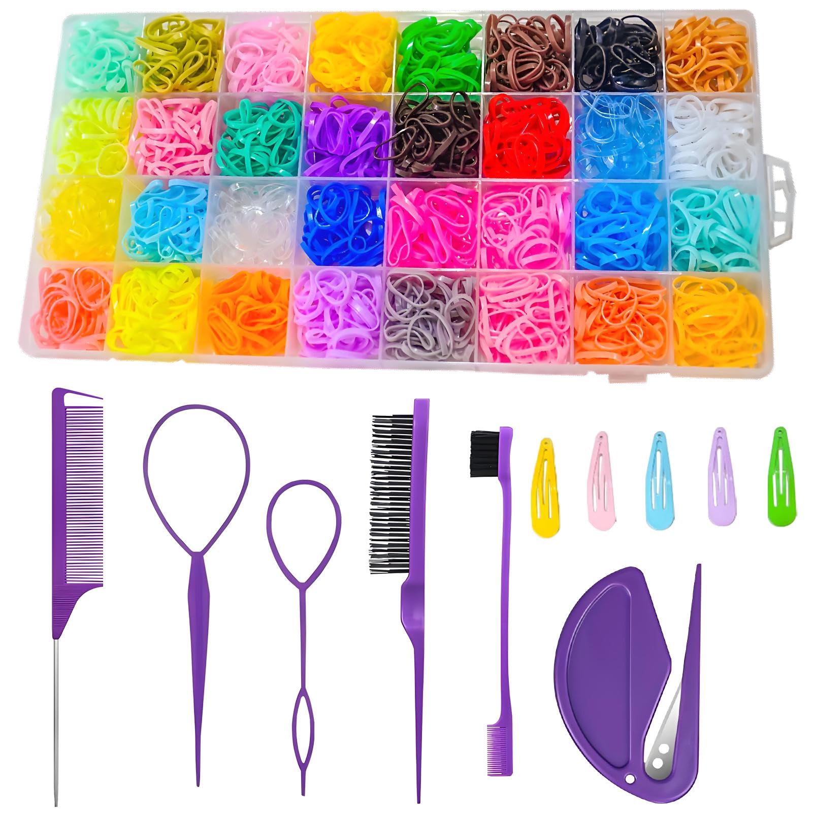 32 Colors Elastic Hair Rubber Bands with Styling Tools, Elastic Girl Baby Hairs Ties, Hair Accessories for Girls Women with Snap Hair-Clips, Pin Tail Comb, Hair- Elastics Cutter, Organizer Box