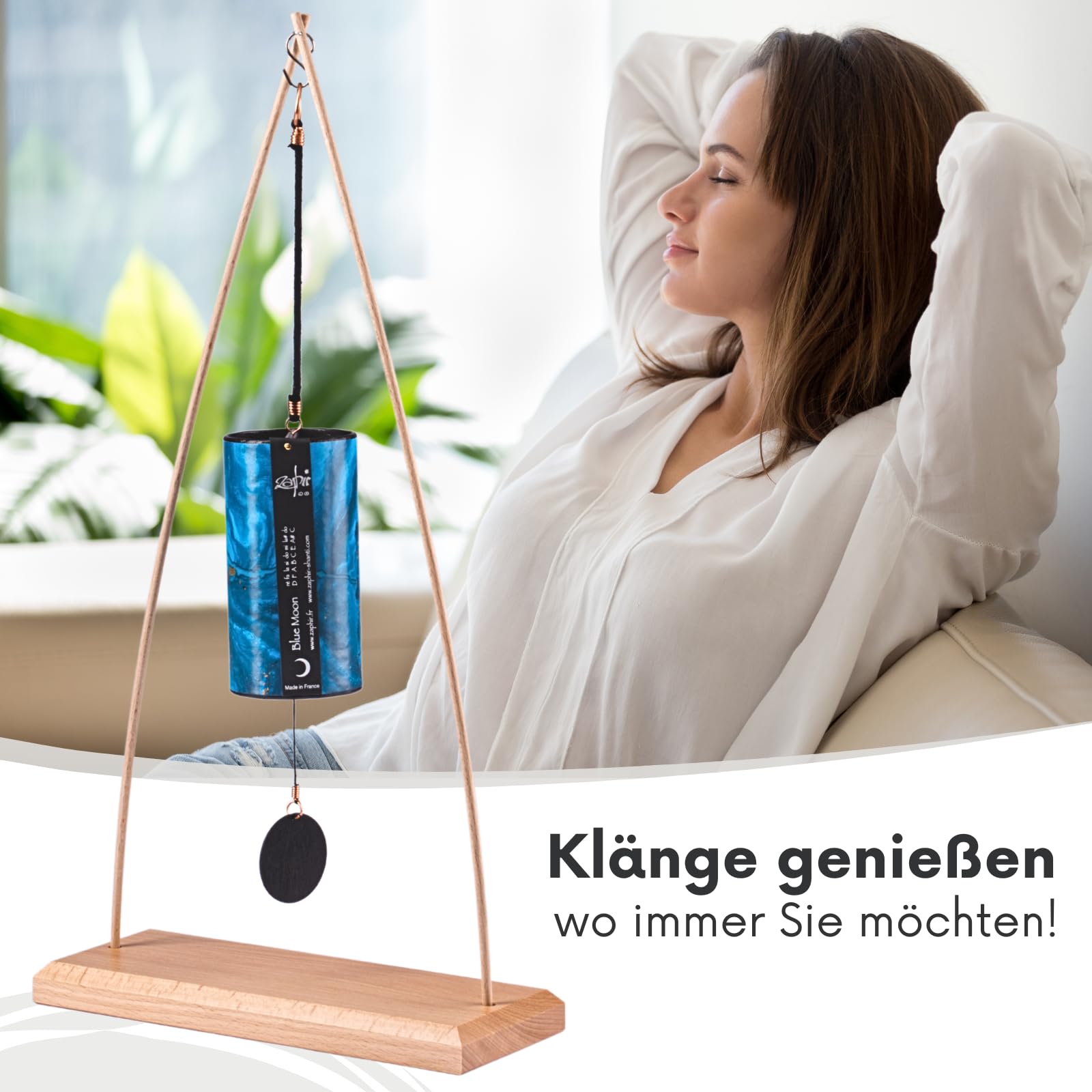 Zaphir Klangspiel Blue Moon Winter mit Ständer - Klangspielständer Tipi aus Buchenholz - 50 cm Höhe für Yoga, Kinder zur Entspannung und Meditieren