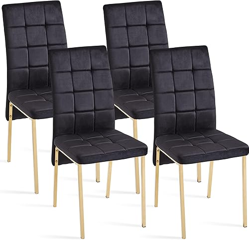 Miniatura 5 de Howtek Juego de 4 sillas de comedor de terciopelo, modernas sillas de cocina tapizadas de tela, sillas de comedor con patas de metal dorado para