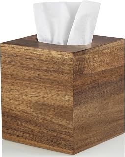 ALELION Acacia Wood Square Tissue Box Cover - Rustic Holder for Bathroom, Office, Farmhouse Decor - Fits Standard Cube Tissues