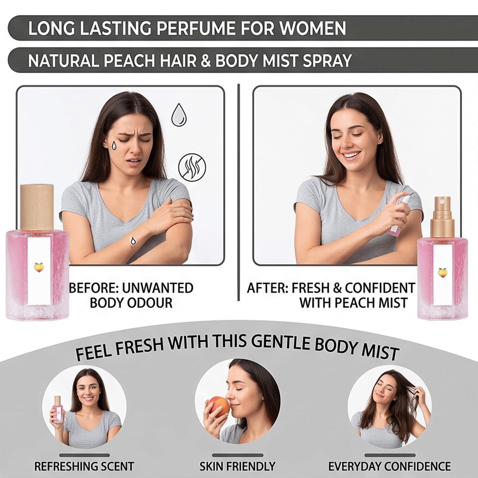 Travel Size Mini Long Lasting Fruity Peach Parfüm, Hair & Body Peach Scented Fragrance Spray für Frauen, Long Lasting Sensitive Skin Summer Mist, Fruity Parfüms, All Skin Types Body Spray (5 stücke)