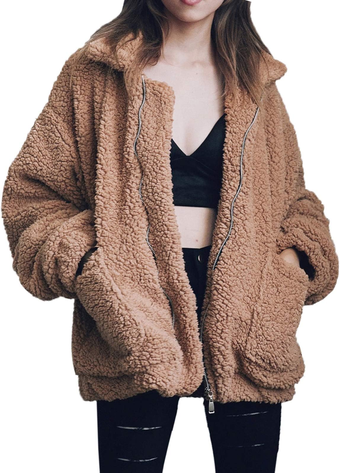 Women's Casual Warm Faux Shearling Coat Jacket Autumn Winter Long Sleeve Lapel Fluffy Fur Outwear