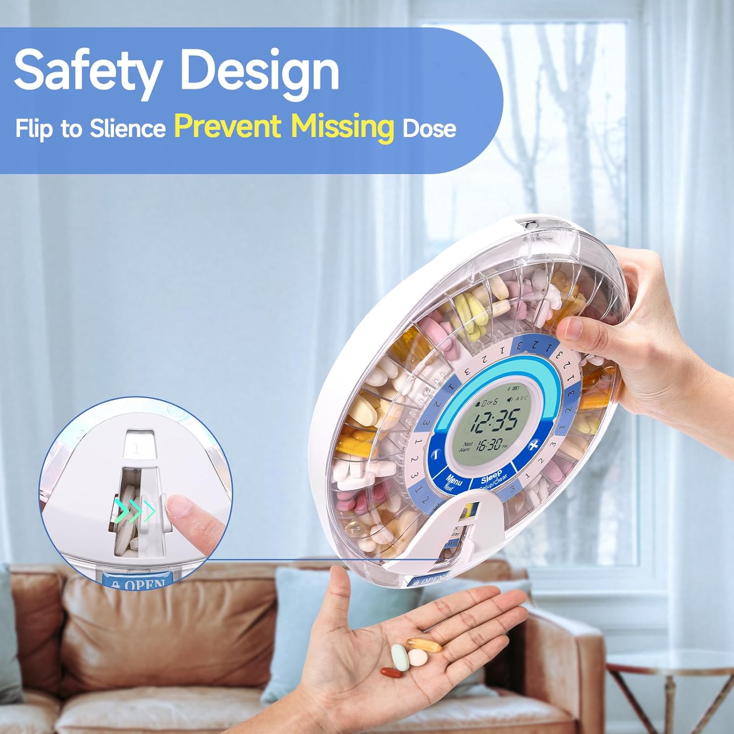 A hand loading pills into the compartments of the automatic pill dispenser.