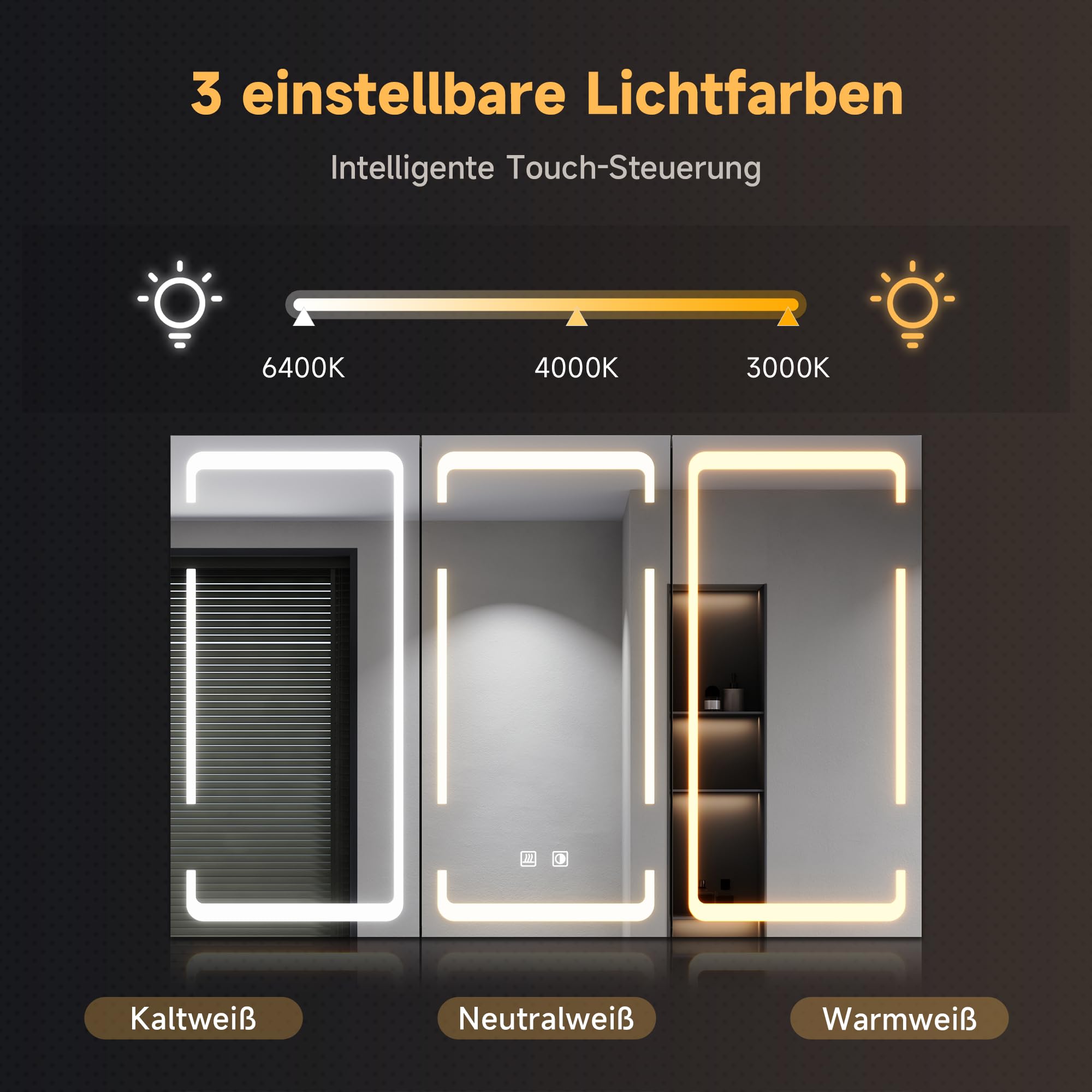 SONNI Szafka łazienkowa z lustrem LED, 90 x 60 cm, 3-drzwiowa, metalowa szafka z lustrem z przełącznikiem dotykowym, 3 kolory światła + defogging, bezprzewodowy zawias, biała, łazienka, szafka