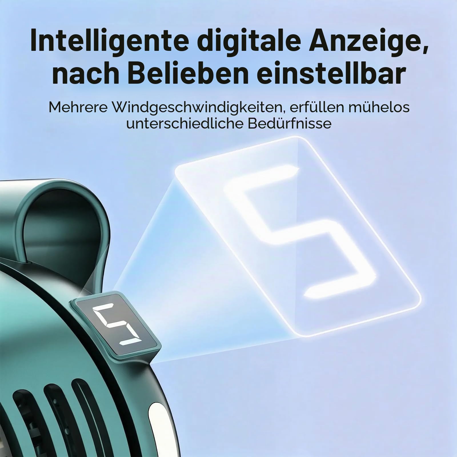 Clip-On-Ventilator, tragbar, 5 Geschwindigkeiten, blattlos, kleiner Clip-In-Ventilator mit 360° Drehung, Digitalanzeige, 6 Stunden Laufzeit, USB-C-Ladung für Kleidung, Gürtel, Kinderwagen