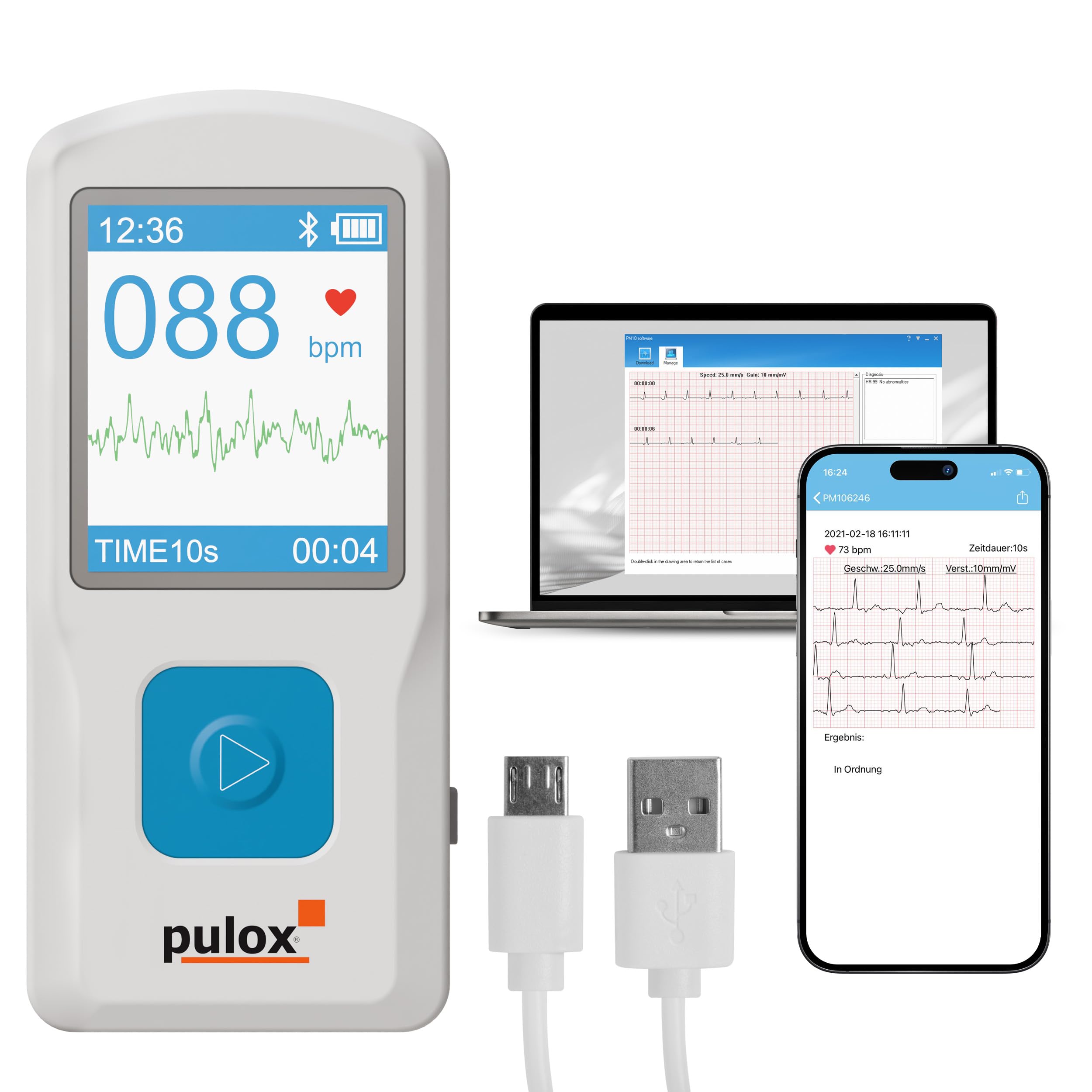 Pulox PM10 Monitor ECG monocanal portátil - Dispositivo de ECG con análisis, aplicación smartphone y software PC