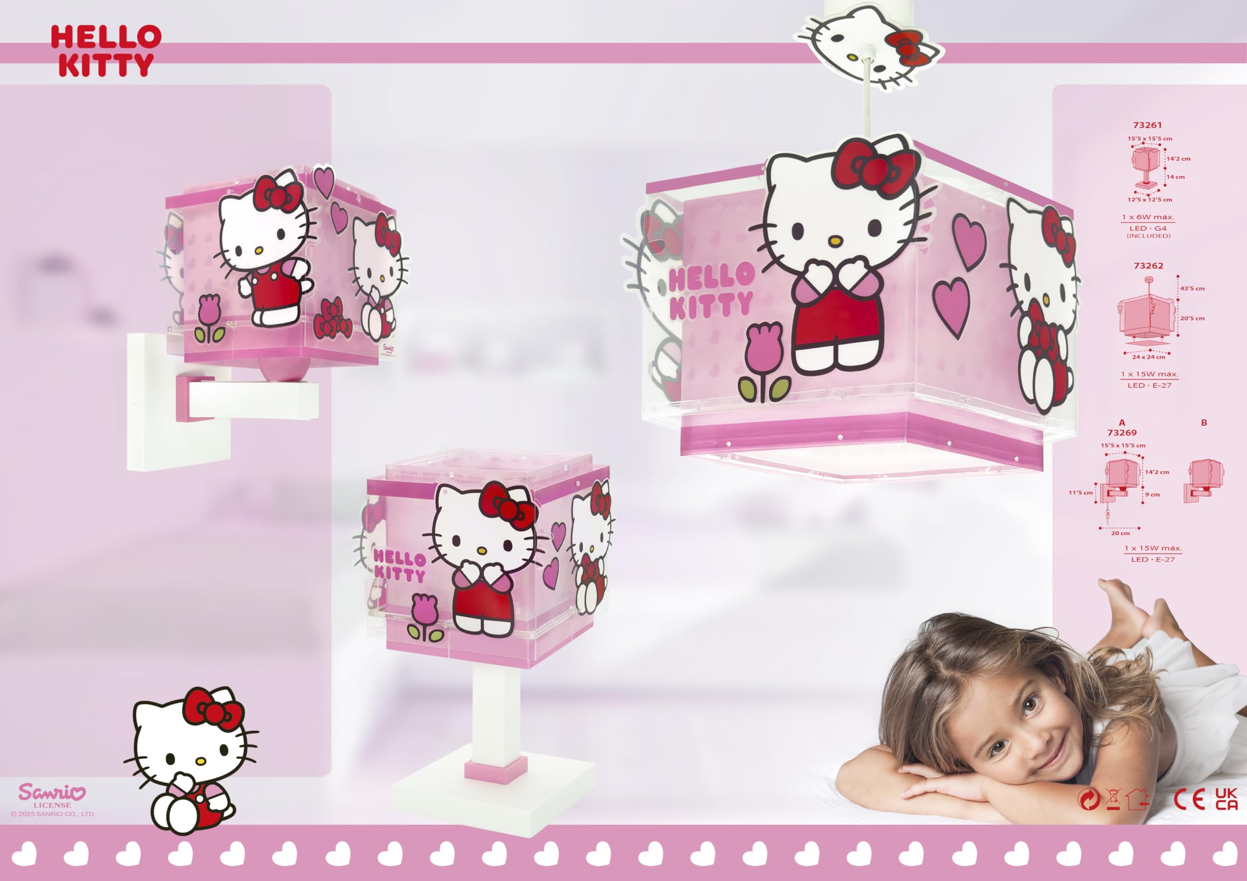 Dalber Lámpara Aplique Pared Infantil Hello Kitty 73269 E27 | Lámpara aplique de pared con instalación directa a la corriente o mediante cable con interruptor incluido.