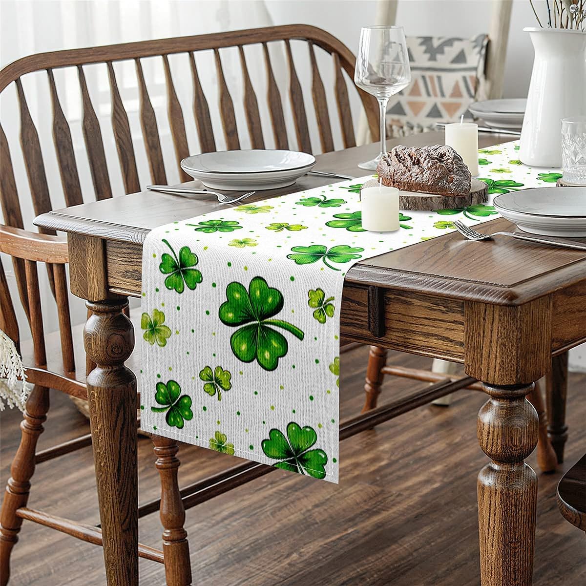 Four Leaf Clover Table Runner Lucky Leaves House Decorations Indoor Outdoor Party Supply Country Rustic Style Home Kitchen Dining Decor Dresser White Green,120 x 13 Inch