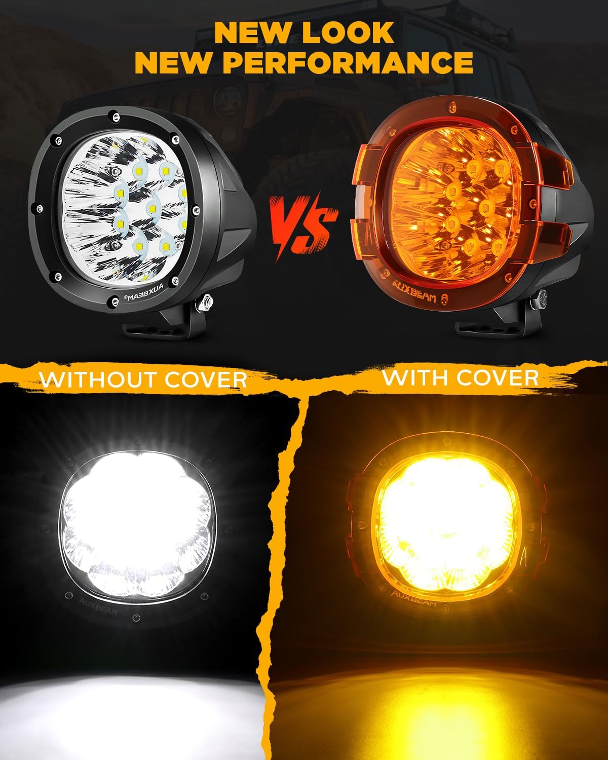 Auxbeam P4 Series 4 Inch Deep Amber Light Covers 2300K Dark Amber Tint Round Off-Road Light Lens Cap LED Pods Covers Reduce Glare for Fog & Dust Low Visibility, 2 Packs