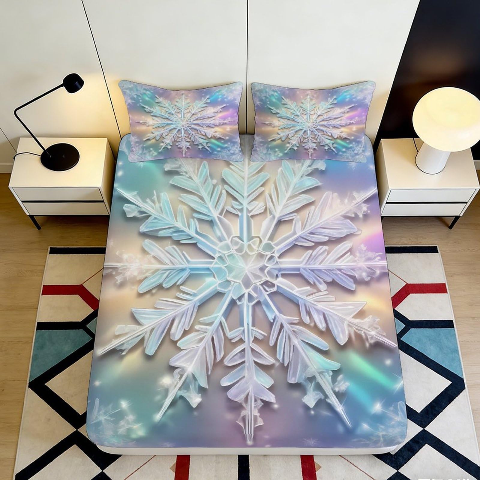 3D Printed Snowflake Fitted Sheet Microfiber Soft Breathable Winter Pattern Bed Cover for Bedroom Dormitory Guest Room Mattress Protection 200x200x25cm