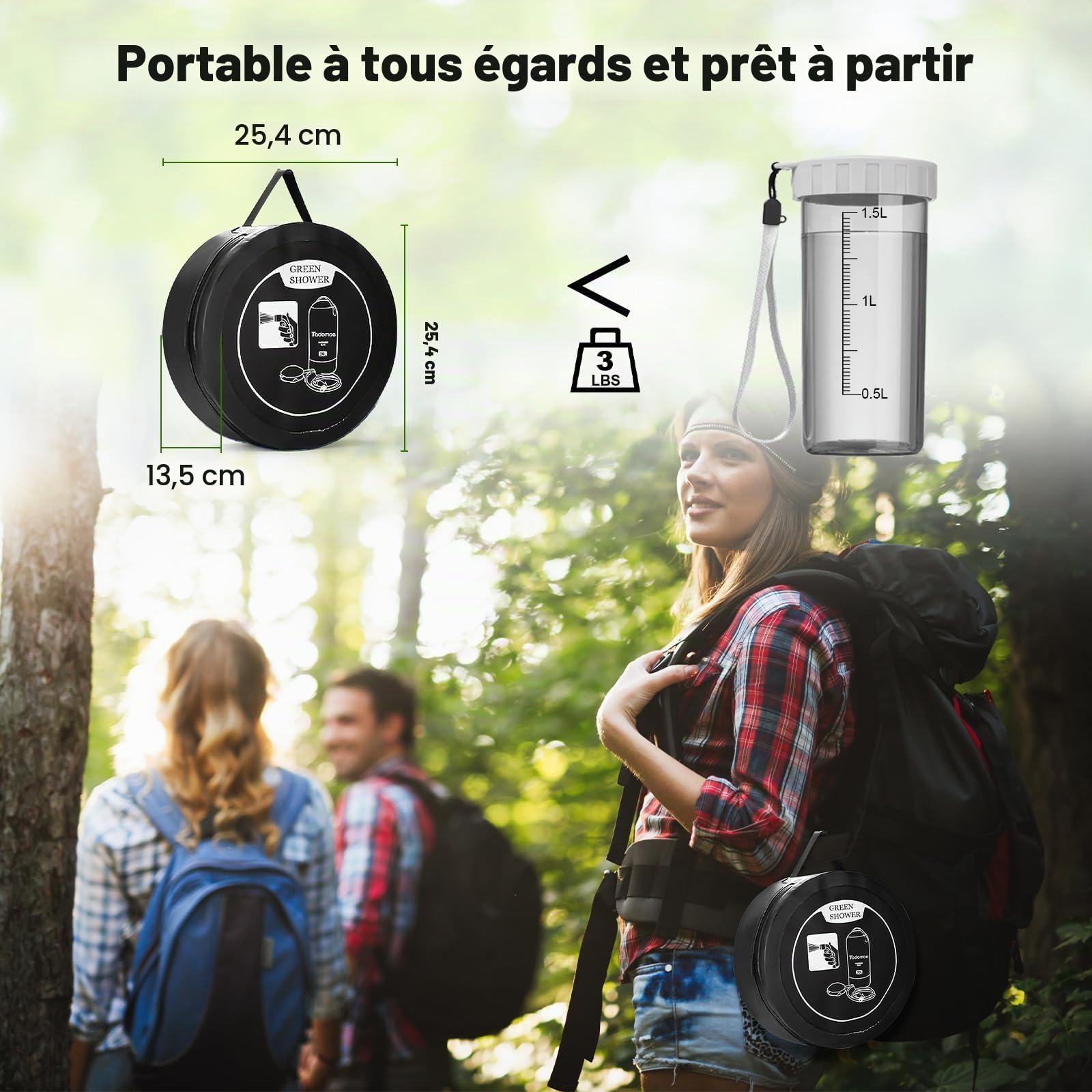 Douche portable pour camping, sac de douche de 20 litres pour le camping avec sac en maille, pompe à pied améliorée et pommeau de douche portable offrant une expérience de douche à domicile