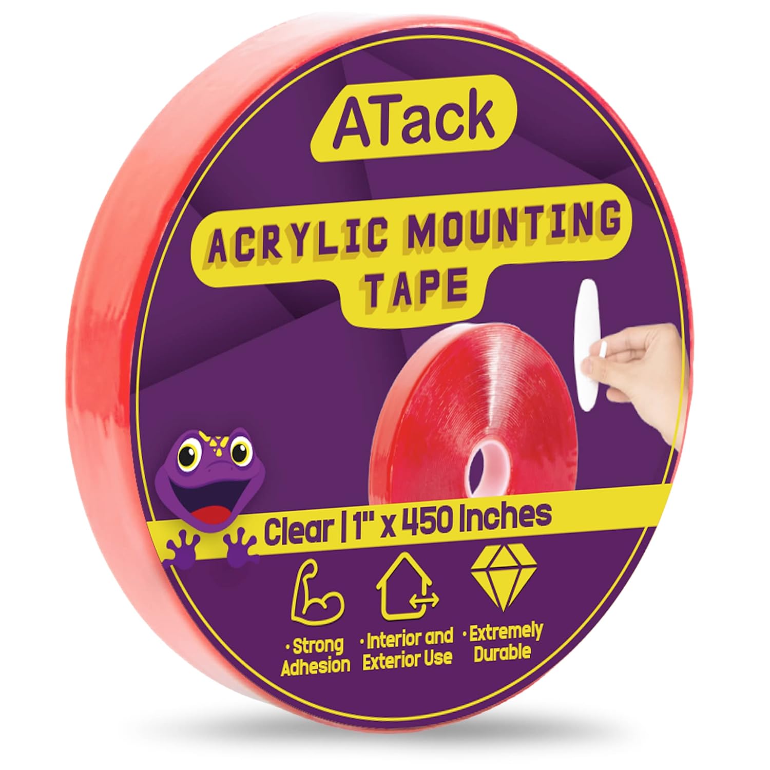 ATack Clear Double-Sided Mounting Tape Removable, Acrylic, 1-Inch x 450-Inch, Waterproof Indoor and Outdoor Double Sides Two Way Brick Mounting Tape | Heavy-Duty and Industrial-Grade Adhesion