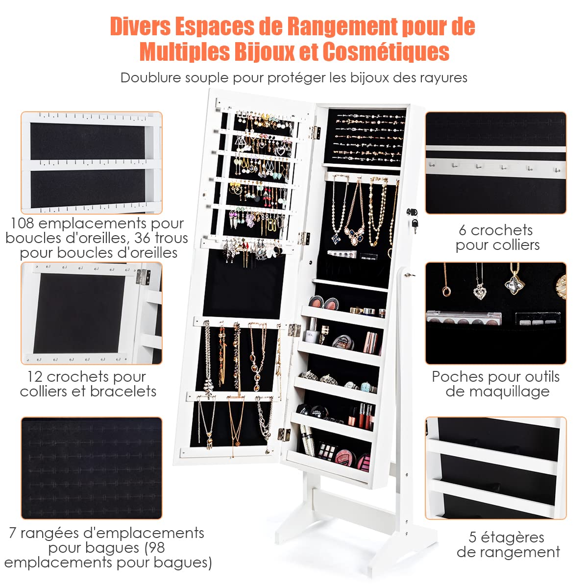 COSTWAY Armoire à Bijoux sur Pied avec Miroir Psyché, Meuble de Rangement et Présentoir Cosmétiques avec Porte Verrouillable, 4 Angles d'Inclinaison, Grande Capacité, 41 x 36,5 x 146 cm (Blanc)