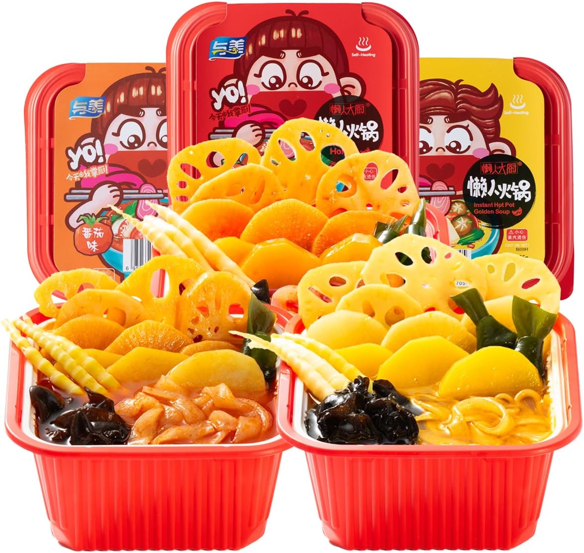 3 Pack Yumei Instant Hotpot Self-Heating 425g, With Vegetable and Noodles in, Tomato Flavor(Tomato Soup)
