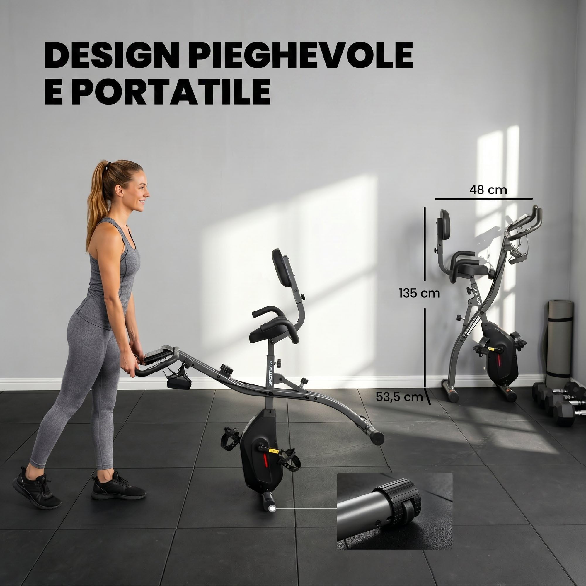 SPORTNOW Cyclette da Casa Pieghevole 3 in 1 con App Bluetooth, Cyclette da Camera con Banda Elastica, 8 Livelli Resistenza Magnetica, Sedile Regolabile, Display LCD, Sensore Cardiaco, Portatelefono