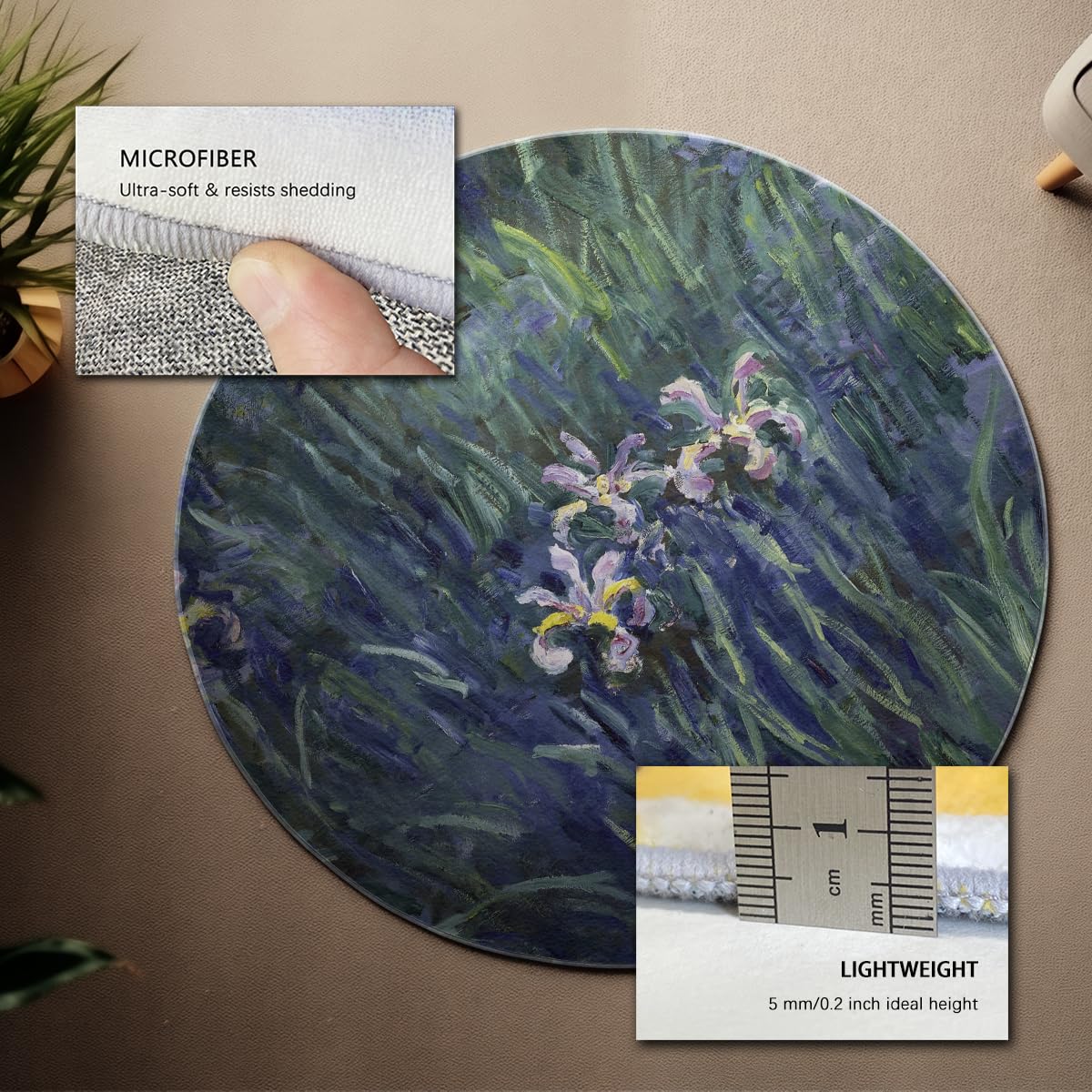Runde Teppiche 70cm Botanischer Iris-Teppich für den Eingang | Maschinenwaschbarer rutschfester Kreisteppich Impressionistenkunst Weicher Flachprofil-Innenteppich für Leseecke