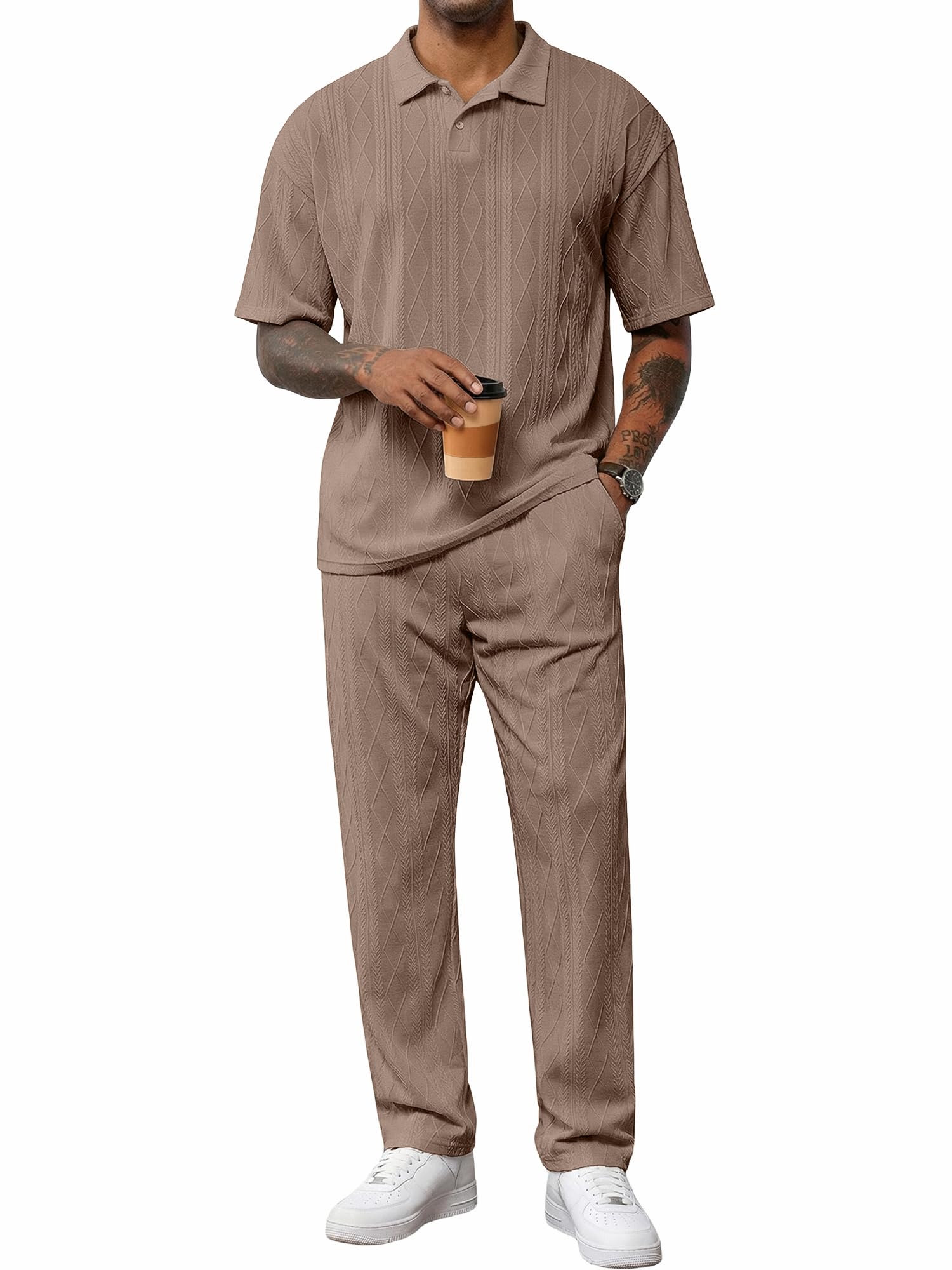 Mens Two Piece Outfits Short Sleeve Polo Shirts & Loose Pants Sets Casual Summer Textured Suits-image-19