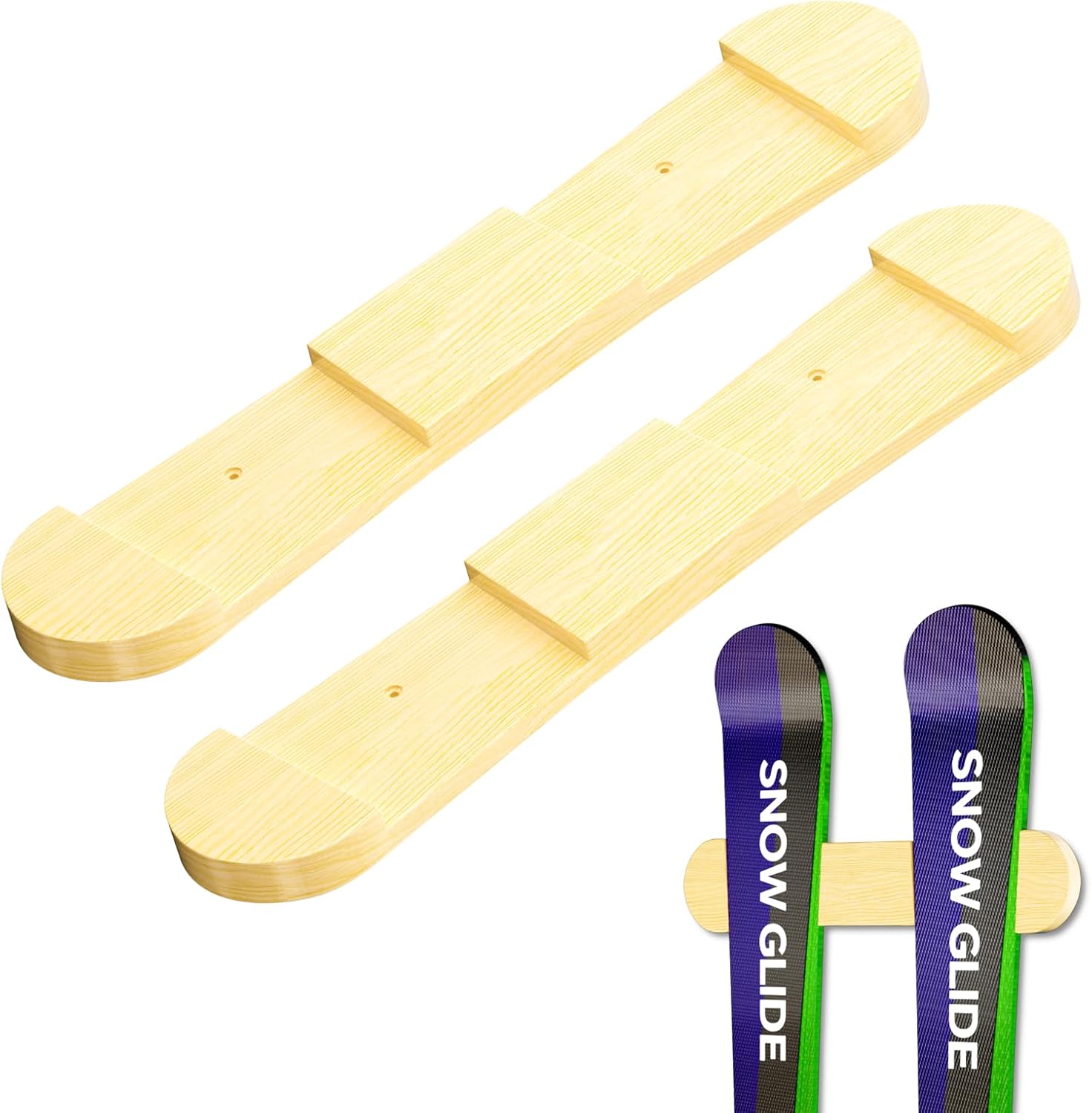 Wooden Ski & Snowboard Wall Mount Horizontal, Skateboard Wall Rack with Screws, Snowboard Display Stand, Indoor Snowboard Storage for Room, Garage (2, wood)