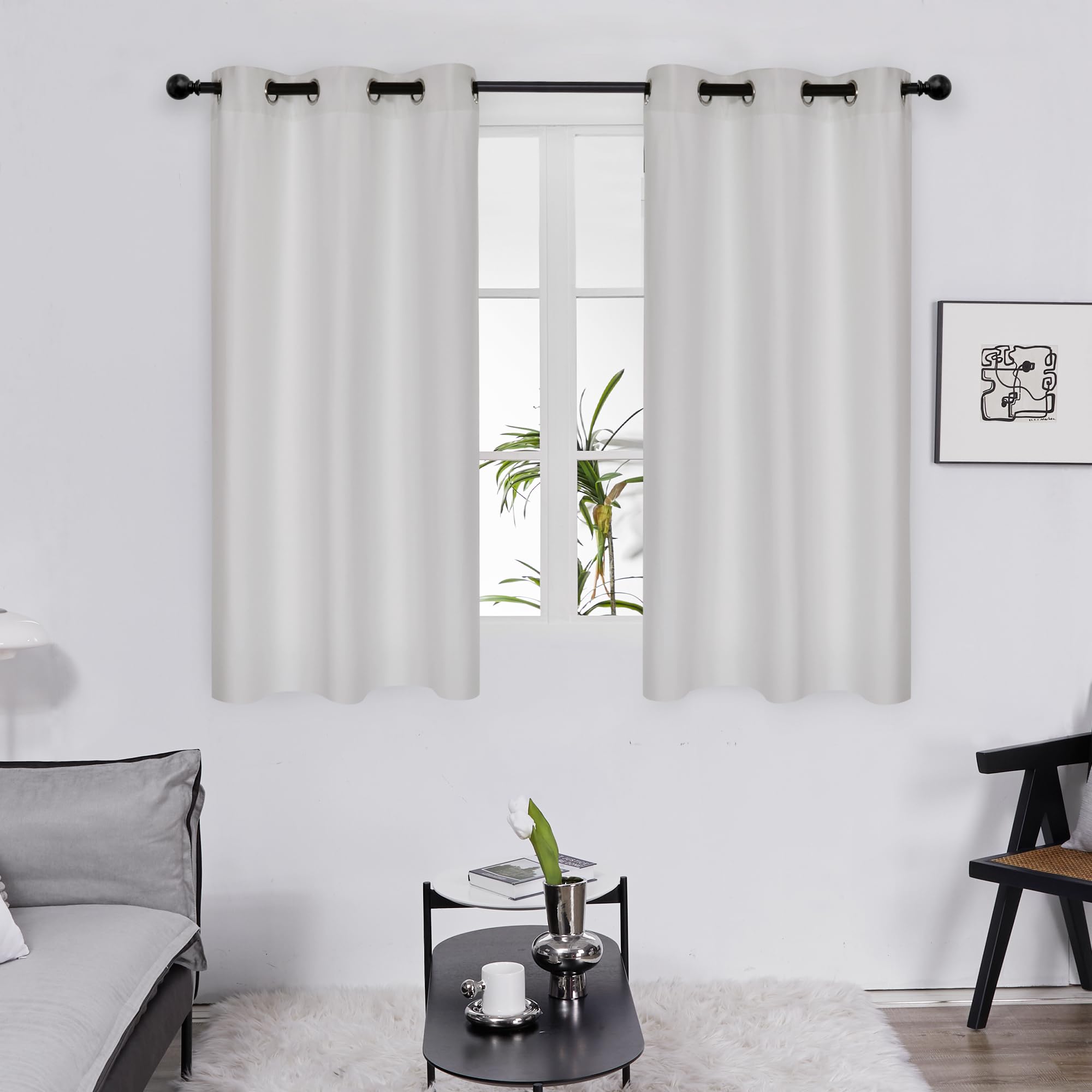 Deconovo Room Darkening Curtains Eyelet, Super Soft Thermal Insulated Noise Reducing Curtains for Kitchen, 42 x 45 Inch, Greyish White, 2 Panels