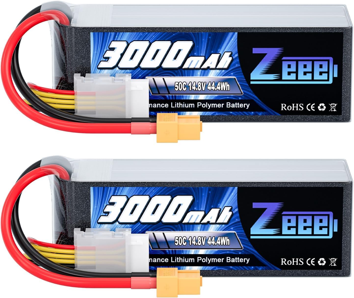 Zeee 4S Lipo 3000mAh 14,8V 50C Batteria RC con connettore XT60 per auto RC, camion, aereo, elicottero, barca... (2 pezzi)