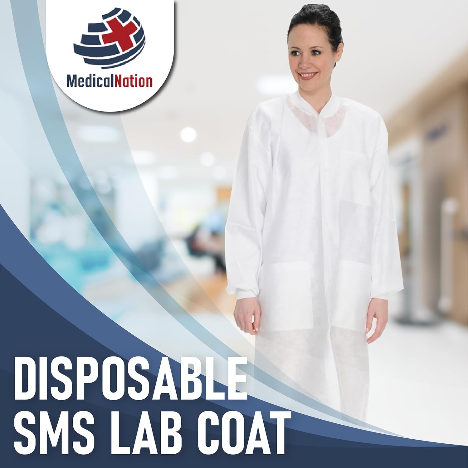 Medical Nation 10 Pack Disposable Lab Coats - Durable 50g SMS Knee Length Reusable Lab Coat with Knit Cuffs and Pockets, Unisex | For Dental, Hospitals, Pharmacies, Labs, Clinics- White, Extra Large