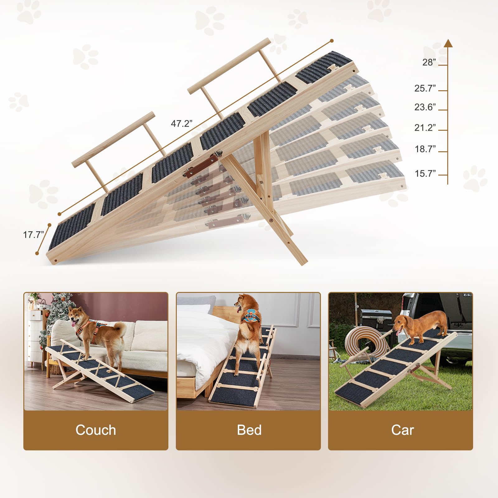 Rampe pour chien en bois pour lit haut, 120 cm de long, rampe antidérapante pour canapé, 6 hauteurs réglables de 40 à 71 cm, avec tapis de traction antidérapant pour chiens de petite, moyenne et
