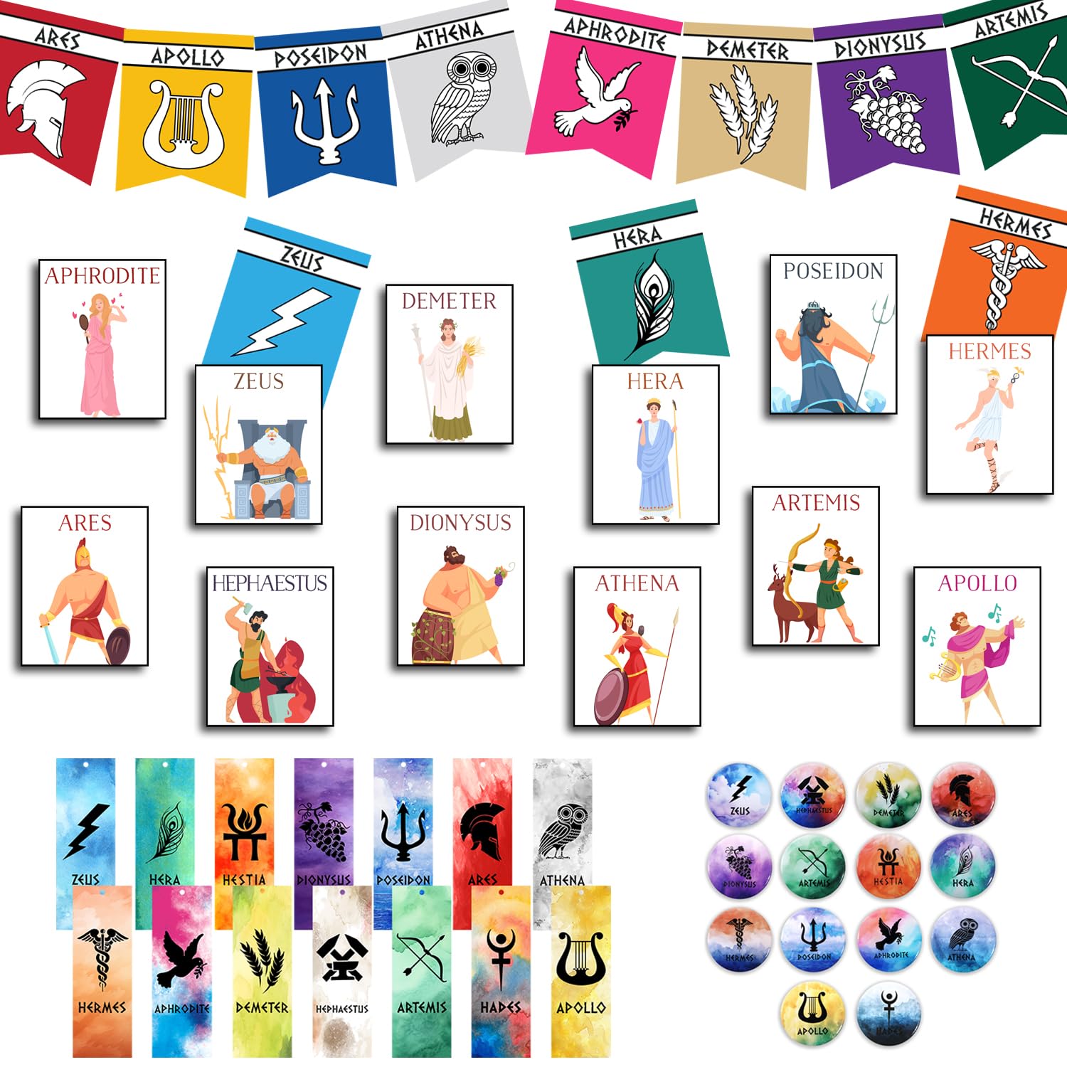 Ancient Greek Mythology Classroom Set, Include 12pcs Greek God Posters, 12pcs Greek Mythology Party Signs, 14pcs Greek Mythology Bookmarks, 14pcs Greek God Symbols Pins, Fit for Greek Gods Classroom