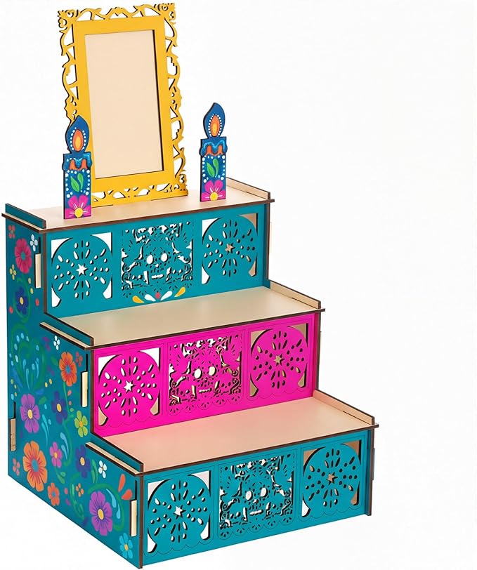 MotiMind Dia De Los Muertos Altar Ofrenda, Wooden Sugar Skull and Candle Papel Picado Day of the Dead Supplies with Photo Frame for Dia De Los Muertos Decor and Indian Diwali Decoration (Square Style)