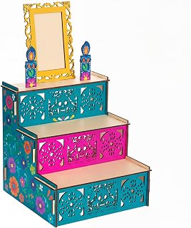 MotiMind Dia De Los Muertos Altar Ofrenda, Wooden Sugar Skull and Candle Papel Picado Day of the Dead Supplies with Photo Frame for Dia De Los Muertos Decor and Indian Diwali Decoration (Square Style)