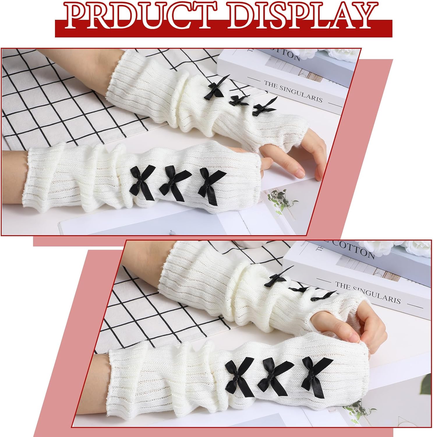 Knitted Arm Warmers, Long-Sleeve Gloves, Y2k Accessories with Bow, Harajuku Lolita Fingerless Mittens for Women Girl - Image 2
