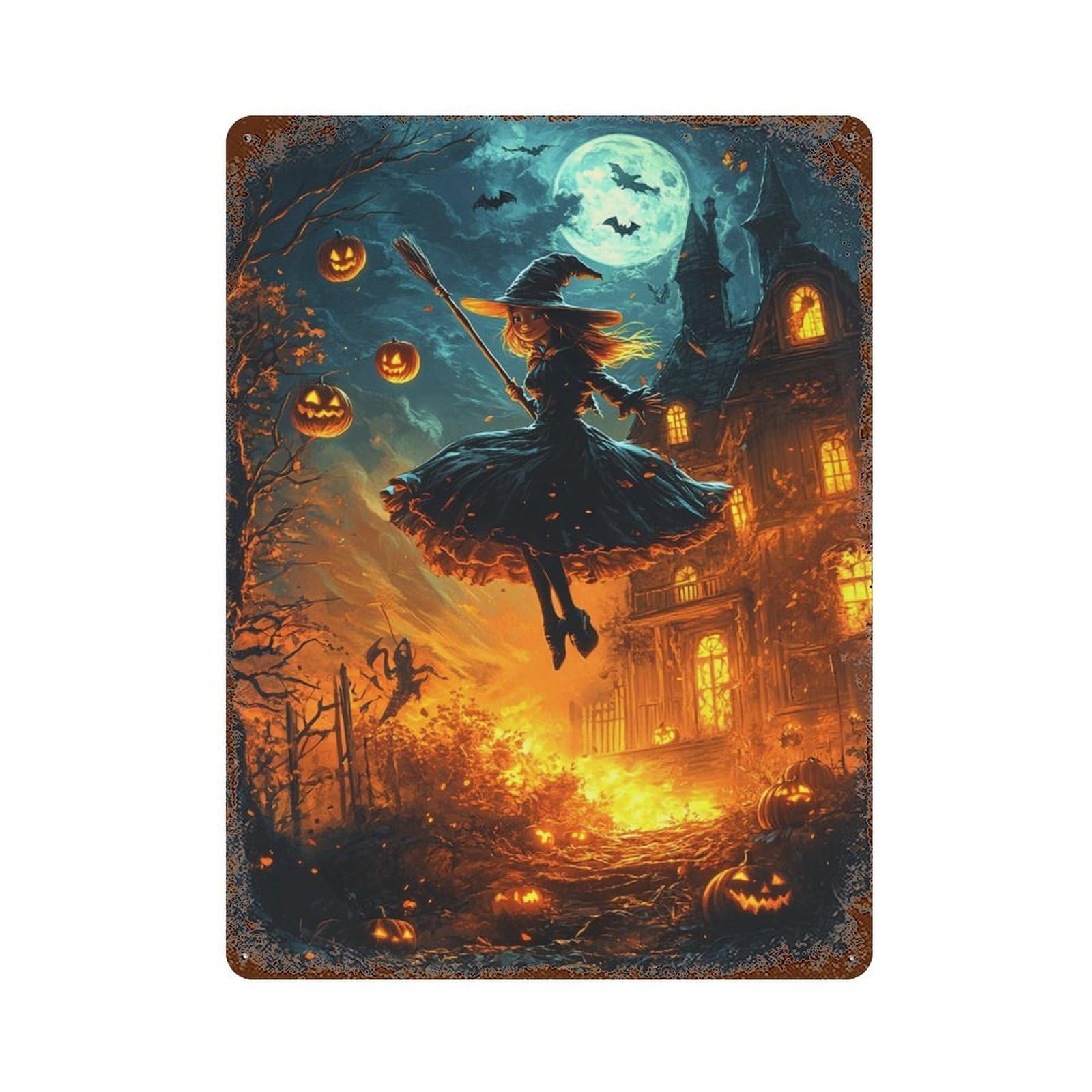 Halloween Witch Flying Broomstick -3 Rust Effect Tin Sign 15.7"x11.8", Retro Wall Decor for Pub, Kitchen And Man Cave Decor