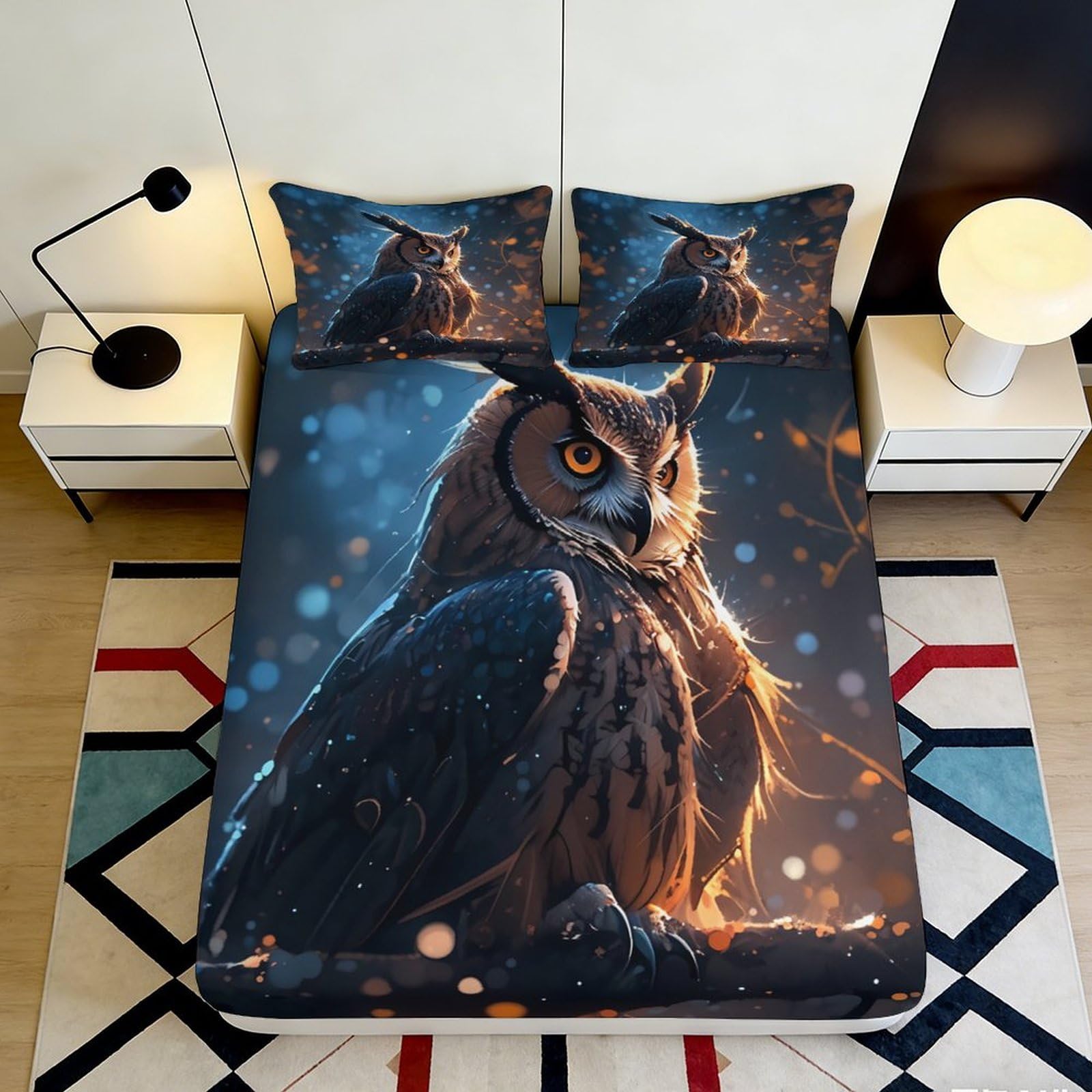 Pnayamiorkfel Style-9 3D Printed Owl Forest Fitted Sheet Microfiber Soft Anti-Slip Mattress Cover For Bedroom Guest Room Dorm Decor 90X200x25cm