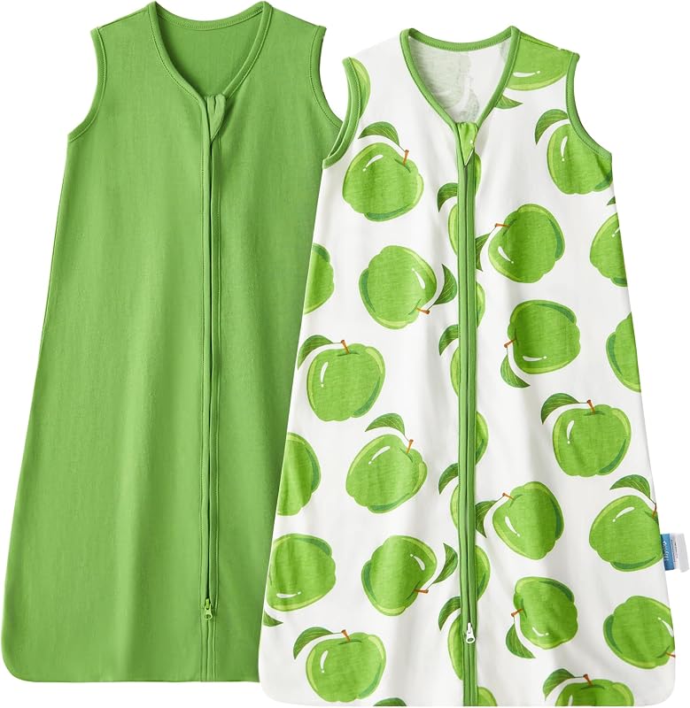 2 Pack Infant Sleep Sack 0-6 Months 100% Cotton Wearable Blanket 0.5 TOG Sleeveless Summer Sleep Sacks with 2-Way Zipper, Green Apple & Fruit Green