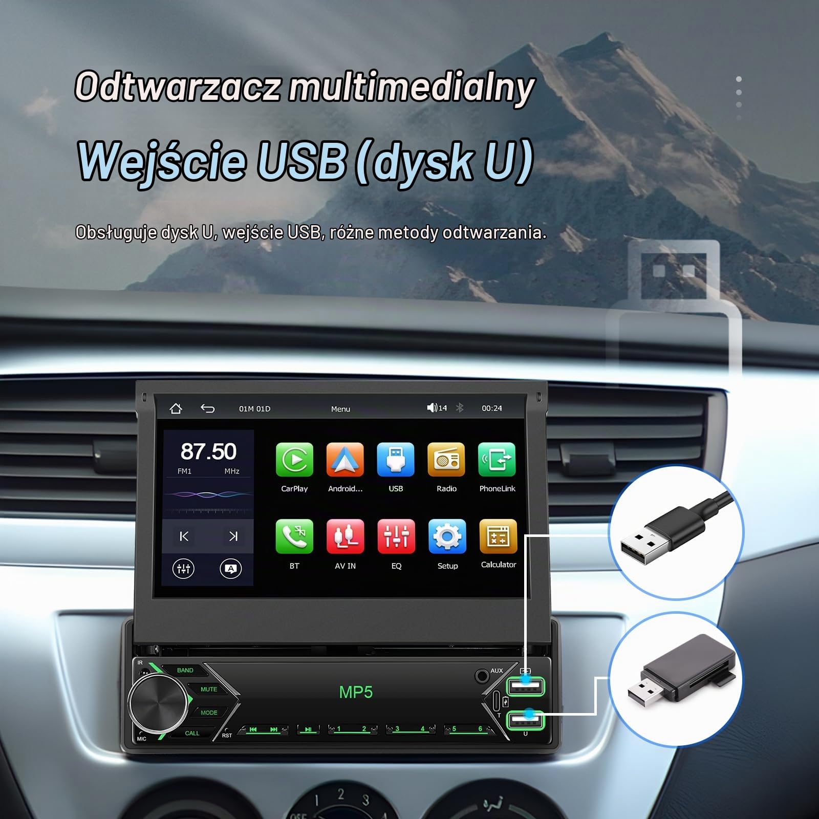 [Bezprzewodowe uaktualnienie] Odtwarzacz samochodowy CAMECHO 1 DIN z CarPlay i Android Auto, ekran 7-calowy teleskopowy, Bluetooth do rozmów bez rąk, ładowanie USB-C, wejścia USB/AUX/FM