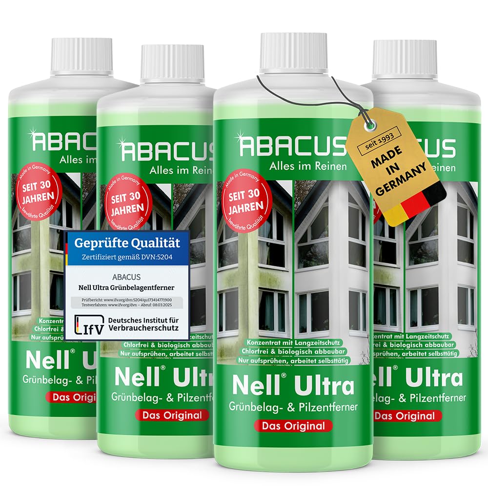 ABACUS® Nell Ultra Grünbelagentferner & Algenentferner Konzentrat, extrem stark! Entfernt Grünbelag & Algen selbsttätig ohne zu Schrubben – für Stein, Fassade, Terrasse, Dach – Nell Ultra 4x 1000 ml