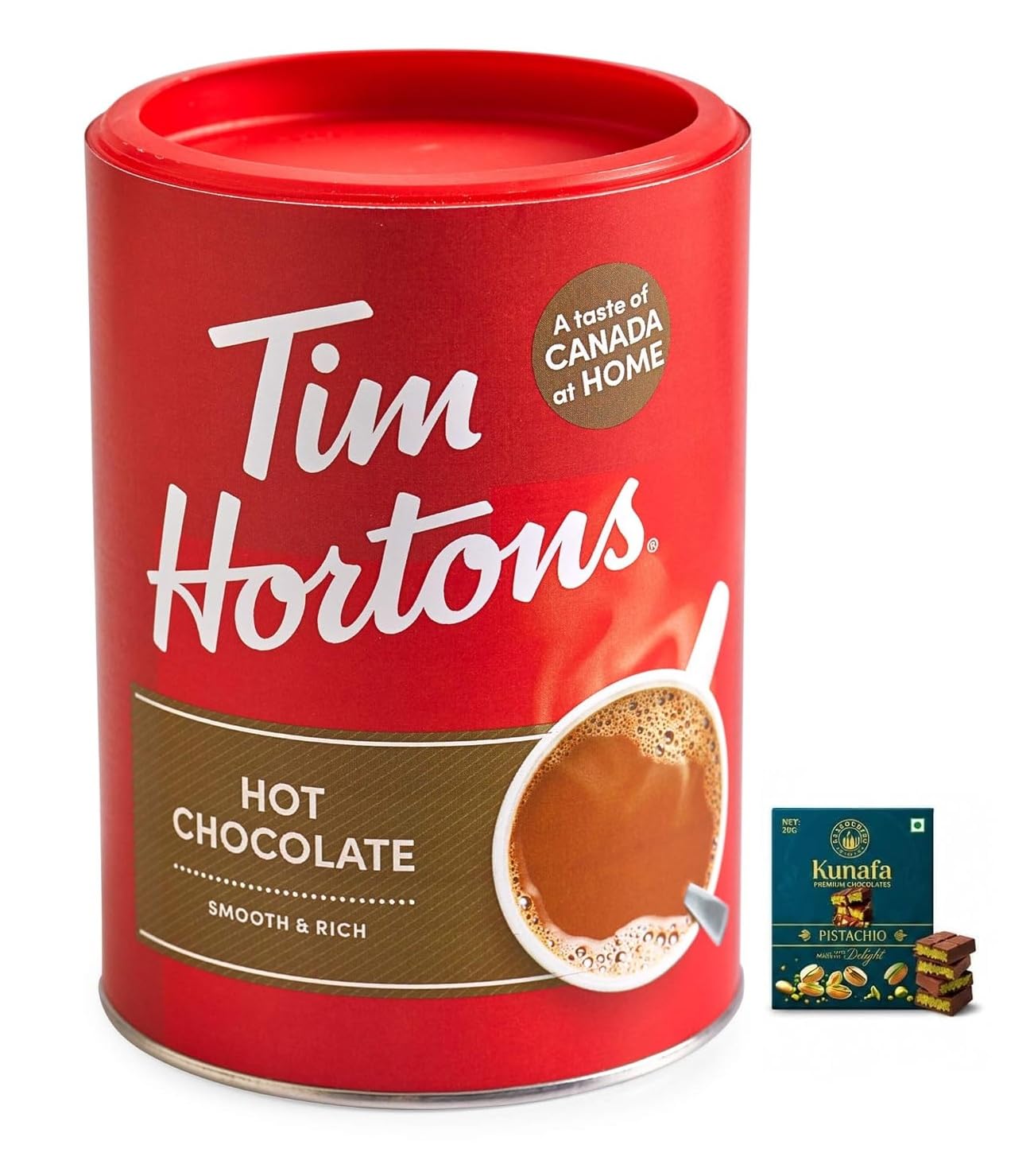 tim hortons hot chocolate mix, smooth & creamy, 500 g,with free flavourito kunafa pistachio chocolate bar, 20g by decadent foods