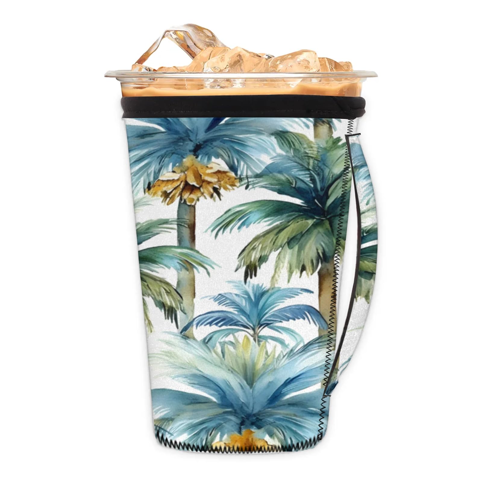 Watercolor Coconut Tree Reusable Neoprene Coffee Sleeve with Handle Insulated Iced Coffee Cup Holder Reduces Condensation Fits 24-28 oz Cups M
