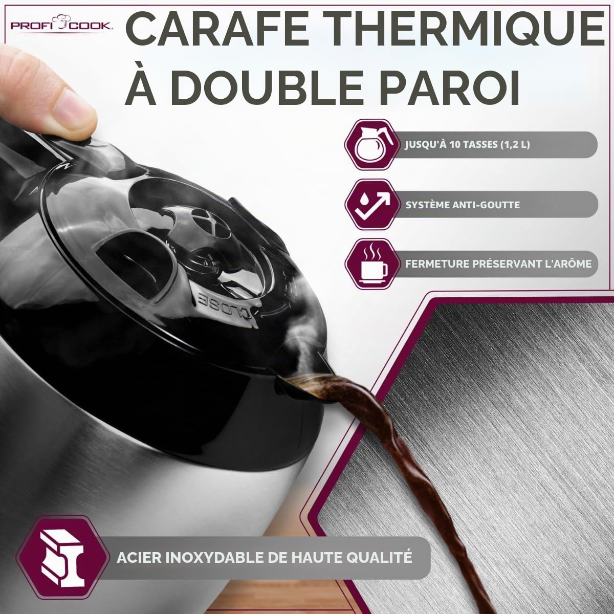 Profi Cook Machine à café avec thermos - avec minuterie pour un café frais le matin - Thermos à double paroi avec fermeture aromatique, Machine à café filtre en acier inoxydable PC-KA 1191